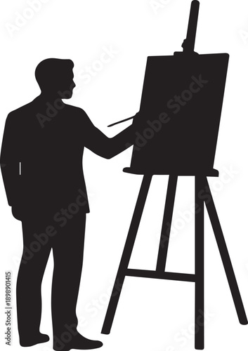 Artist Working at Easel Painting Canvas Minimalist Silhouette