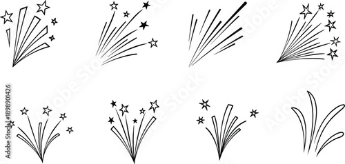 Flat vector illustration of 8 unique firework and sparkler designs with stars, perfect for celebration, festival, and holiday-themed designs high resolution picture