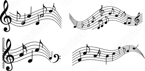 Flat vector illustration of 4 unique music note and treble clef designs with flowing staff lines, perfect for musical, sound, and artistic themes high resolution picture