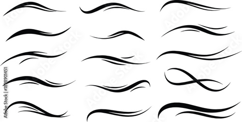 Flat vector illustration of 16 unique black wavy line designs with smooth curves, suitable for logo, graphic design, or decorative elements high resolution picture