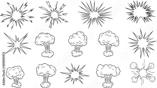 Flat vector illustration of 12 unique explosion and burst icons with clouds, perfect for comic, action, and graphic design themes high resolution picture