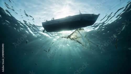 Wallpaper Mural Underwater view of ocean plastic pollution with a discarded bag floating beneath a boat silhouette and bright sun rays, illustrating the environmental crisis in the marine ecosystem Torontodigital.ca
