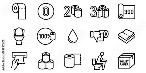 Toilet paper icons: roll, quantities, toilet bowl, 100%, drop, thumb down, hand tearing, stacked rolls, paper dispenser, seated person, box. Vector Icon Bundle