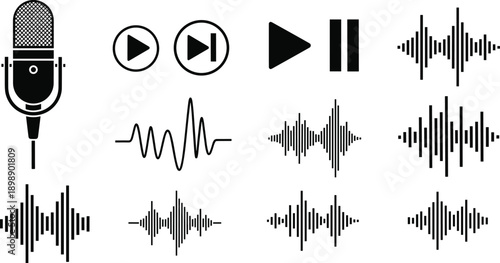 Flat vector illustration of 16 unique microphone, audio wave, and play/pause icons in black, perfect for sound, music, and podcast-related designs high resolution picture