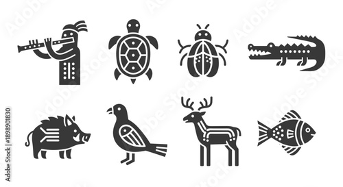 Diverse collection of stylized black and white animal icons featuring a flute player turtle beetle crocodile boar bird deer and fish presented