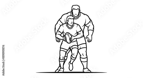 Rugby players in dynamic action one running with ball another blocking symbolizing teamwork strategy and competitive spirit in a stylized line art
