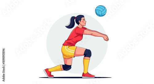 Female volleyball player in action performing a defensive dig with a blue ball in mid air during a competitive indoor match showcasing athleticism