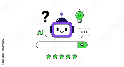 Cute purple robot character with question mark ai chat bubble and glowing lightbulb above search bar representing artificial intelligence online search