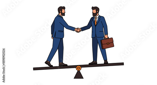 Two businessmen in blue suits shaking hands while balancing on a seesaw symbolizing partnership negotiation and the delicate equilibrium of business