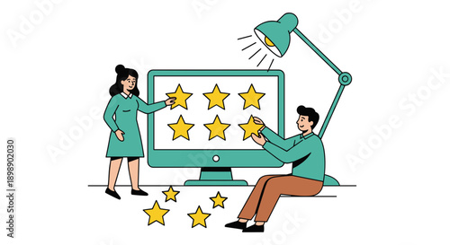 Customers giving feedback and rating a service or product with golden stars on a large computer screen illustrating customer satisfaction and online