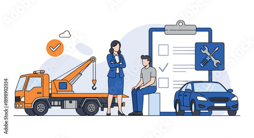 Professional roadside assistance agents assisting a distressed driver with a broken down car and a tow truck ready for transport illustrating vehicle