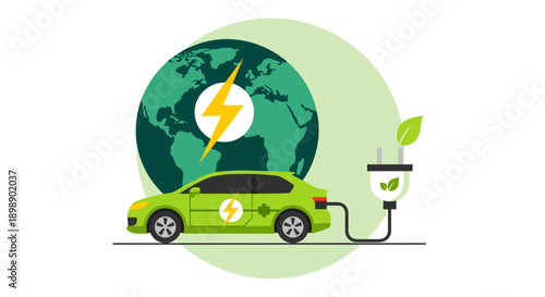 Green electric car charging connected to a plug symbolizing eco friendly energy and sustainability with a glowing yellow lightning bolt on a stylized