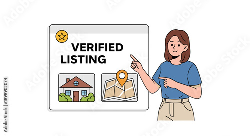 Young woman pointing to a screen displaying 'verified listing' with icons of a house and a map pin symbolizing real estate verification property search