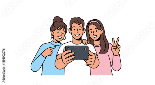 Three cheerful young friends a man and two women taking a joyful selfie together with a smartphone capturing a happy moment of connection and shared