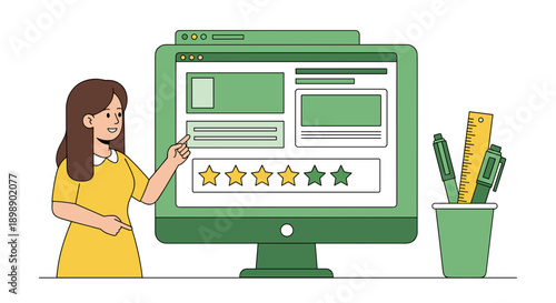 Woman reviewing website interface on a green computer screen with star rating symbolizing online feedback user experience and digital evaluation