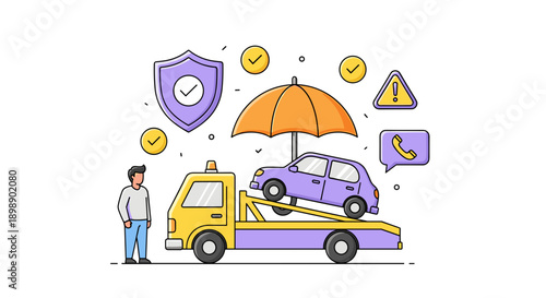 Car towing service concept with tow truck broken car protective umbrella shield warning sign and communication icons symbolizing roadside assistance