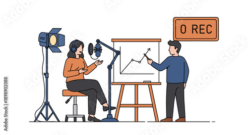 Two people in a recording studio setting one woman speaking into a microphone while seated the other man pointing at a whiteboard with a graph