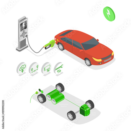 3D Isometric Flat Vector Illustration of Gasoline Vs Electric Cars, Comparison With Refueling And Charging Stations. Item 2