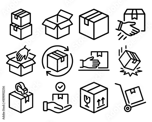 Set of black and white line icons illustrating shipping and delivery services, featuring boxes, hands, and logistics symbols for e-commerce and transport. Vector Icon Bundle