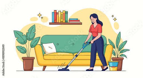 Vector illustration of a woman vacuuming a living room, depicting a clean and organized home environment, ideal for cleaning services or home decor themes