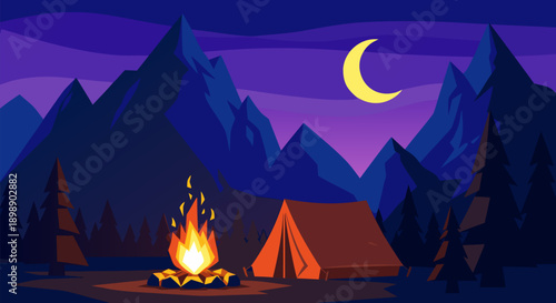 Vector illustration of a campsite at night with a tent, campfire, mountains, and a crescent moon in a starry sky