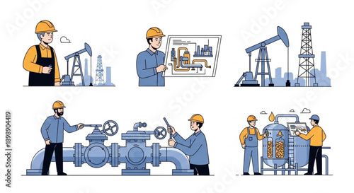 Vector illustrations of oil industry workers operating pipelines and checking energy systems