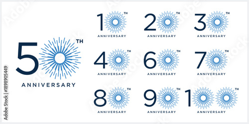 Collection of creative anniversary logo design. Celebration days special vector, firework sunlight symbol icon concept