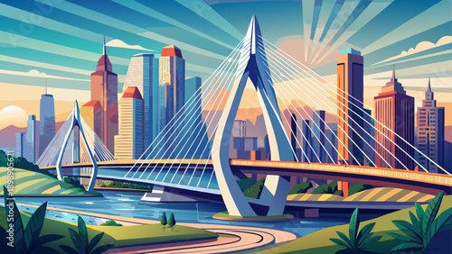 Very beautiful view of Octavio Frias de Oliveira Bridge in São Paulo, highlighting its modern cable-stayed design, sweeping curves, and impressive urban engineering against city skyline.