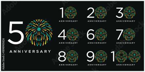 Collection of creative anniversary logo design. Celebration days special vector, firework sunlight symbol icon concept