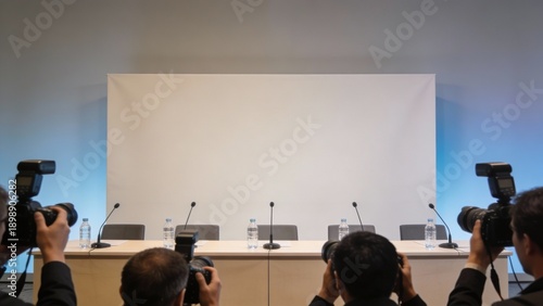 Press conference stage with empty chairs and microphones, photographers aiming cameras in newsroom setting, calm anticipatory mood for media briefing and election night coverage