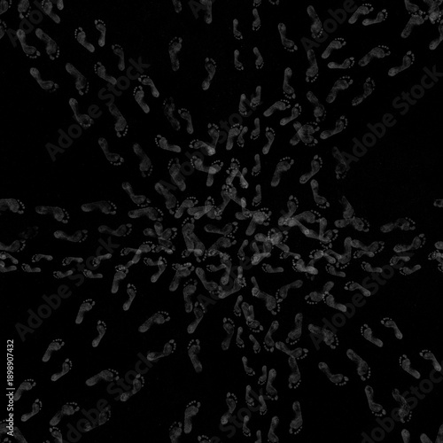Seamless texture of many barefoot tracks across the black background