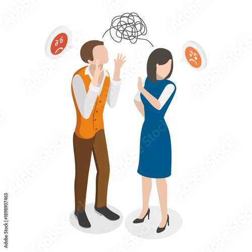 3D Isometric Flat Vector Illustration of Couple Conflict Scenes, Miscommunication And Understanding Issues. Item 3