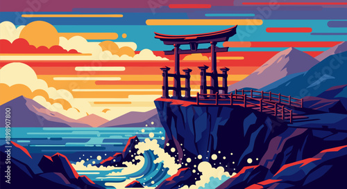 Vibrant vector illustration of a serene coastal landscape featuring a traditional Japanese torii gate against a colorful sunset sky