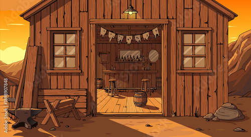 Old Western Style Blacksmith Shop Scene Vector Illustration at Sunset