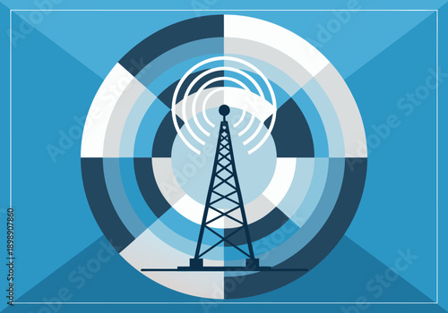 Abstract geometric background with antenna tower illustration and communication signal waves vector art