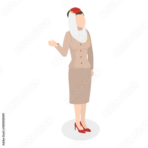 3D Isometric Flat Vector Illustration of Emirates Flight Attendants, Arabian Airline Women In Traditional Uniform. Item 3