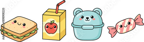 Cute School Lunch Elements Set with Sandwich Juice Box Lunch Bag and Candy, Kawaii Flat Vector Illustration