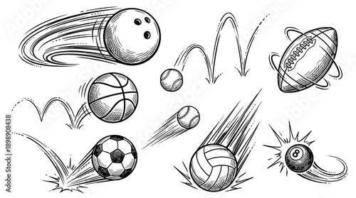 Sports Balls Vector Illustration Set, Black and White Line Drawing with Motion Effects, Dynamic Artwork of Basketball, Soccer, Baseball, Football, Tennis, Volleyball, Bowling, Billiards