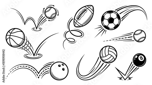 Sports Balls Vector Illustration Set, Black and White Line Drawing with Motion Effects, Dynamic Artwork of Basketball, Soccer, Baseball, Football, Tennis, Volleyball, Bowling, Billiards
