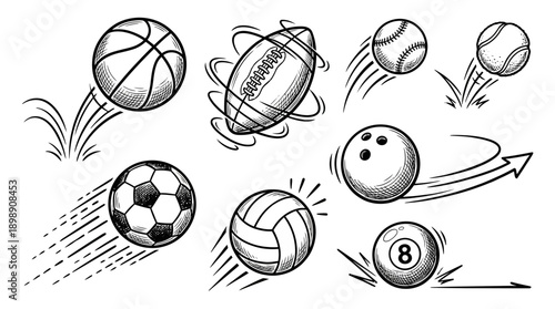 Sports Balls Vector Illustration Set, Black and White Line Drawing with Motion Effects, Dynamic Artwork of Basketball, Soccer, Baseball, Football, Tennis, Volleyball, Bowling, Billiards