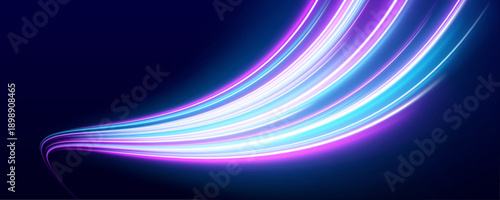 Glowing neon lines curve rapidly across an abstract night background. Purple and blue rays enhance the feeling of acceleration. The artwork feels sleek and futuristic.