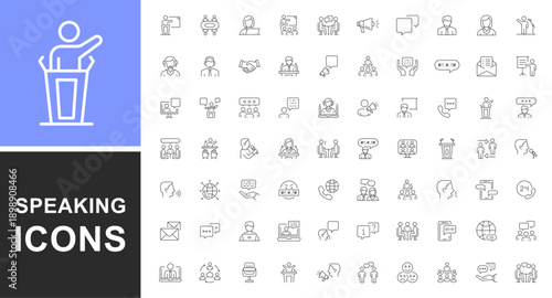 Speaking set of web icons in line style. Editable stroke. Collection outline icons related to public speacking. People, communication, talking, discussion, speech bubble, team, support. Vector