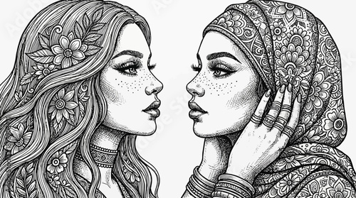 Artistic Women Vector Illustration, Black and White Detailed Line Drawing, Cultural Contrast Portrait Artwork, Expressive Female Character Design Vector for Creative Projects and Storytelling