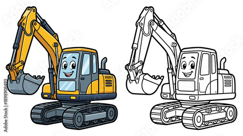 Cartoon Excavator Vector Illustration Set, Black and White Outline to Color Transformation, Cute Construction Vehicle Artwork, Kids Coloring Page Vector Design for Educational Projects