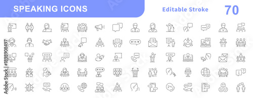 Speaking set of web icons in line style. Editable stroke. Collection outline icons related to public speacking. People, communication, talking, discussion, speech bubble, team, support. Vector