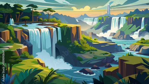 Very beautiful wide view of Iguazu Falls in Brazil, capturing powerful waterfalls, misty atmosphere, lush tropical forest, and dramatic natural beauty of one of the world’s great wonders.