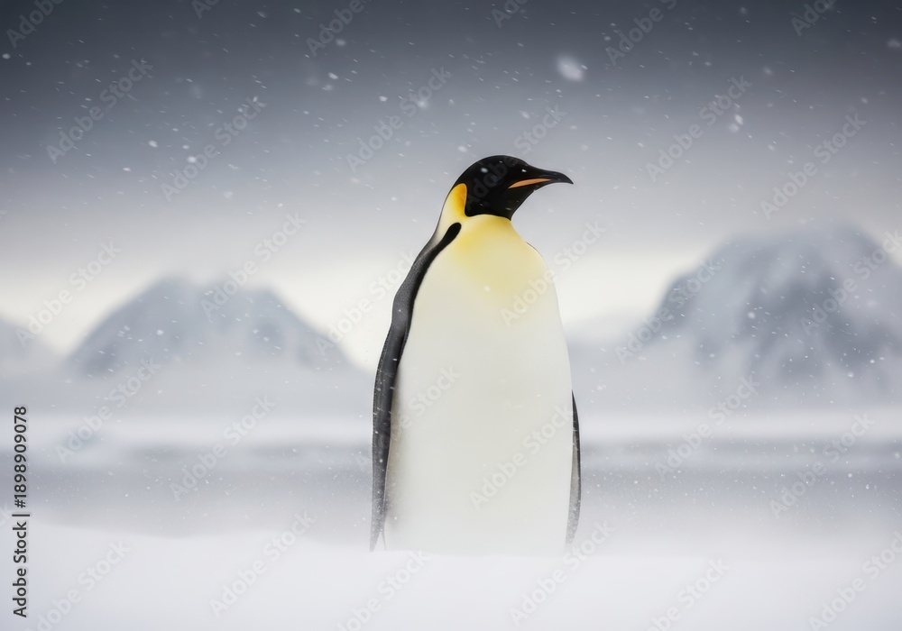 Obraz premium Majestic emperor penguin stands alone in a snowy Antarctic landscape during a blizzard
