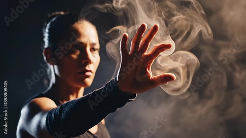 Powerful woman manipulating smoke with her hand