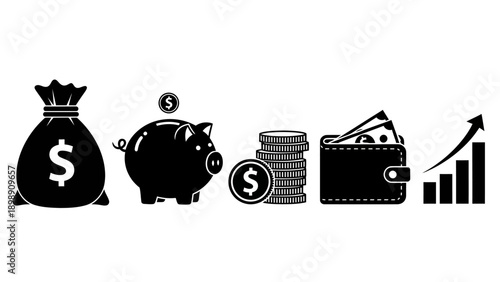 Comprehensive financial management and investment concept with essential money-related icons showcasing saving, growth, and wealth accumulation for economic success and future planning