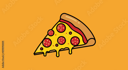 A cartoon illustration of a delicious pepperoni pizza slice with melted cheese dripping, set against a vibrant orange background.